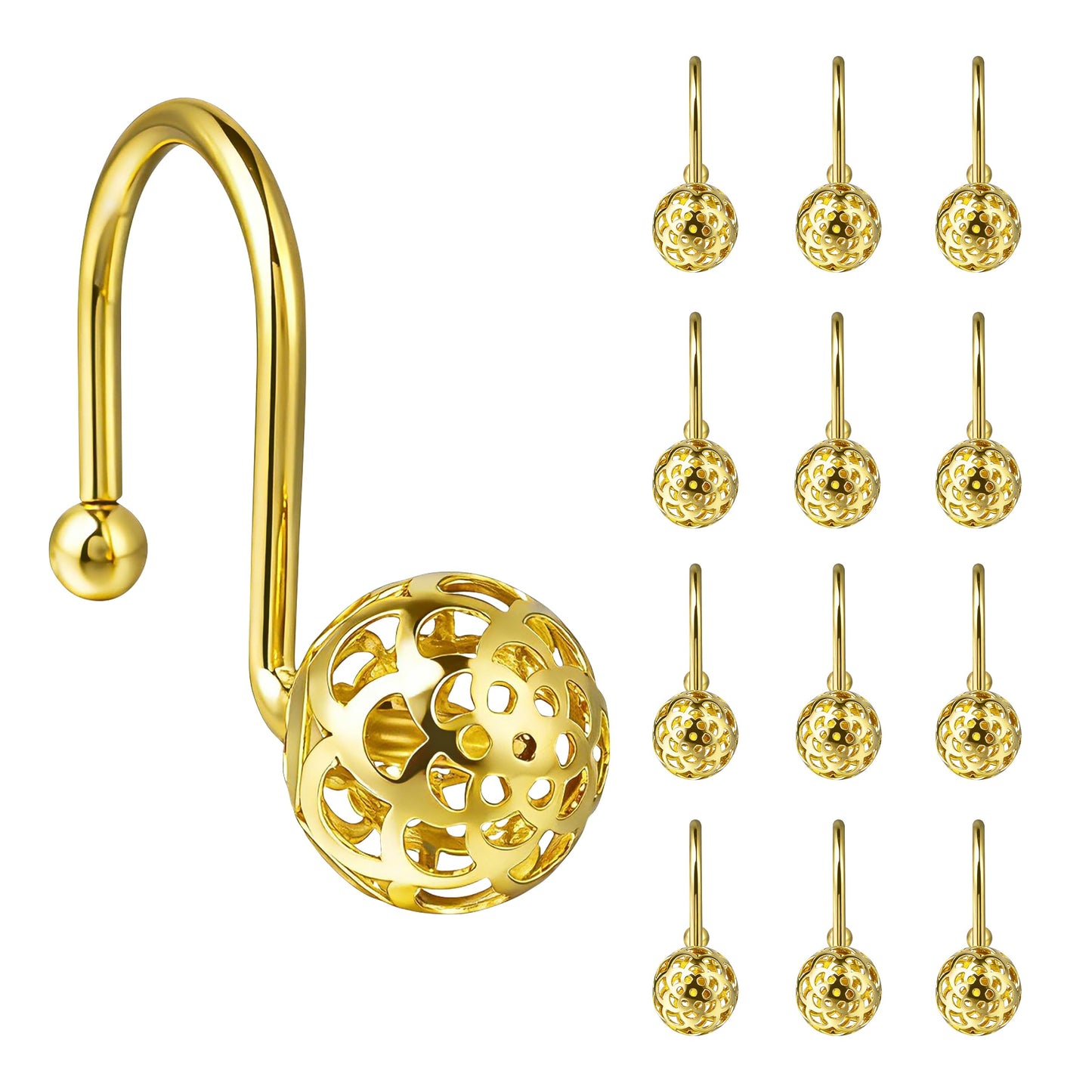 Sunlit Gold Hollow Ball Shower Curtain Hooks, Metal Home Decorative Shower Curtain Rings for Bathroom, Modern Shower Curtain Hangers Bathroom Accessories, Set of 12