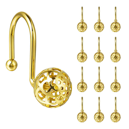 Sunlit Gold Hollow Ball Shower Curtain Hooks, Metal Home Decorative Shower Curtain Rings for Bathroom, Modern Shower Curtain Hangers Bathroom Accessories, Set of 12