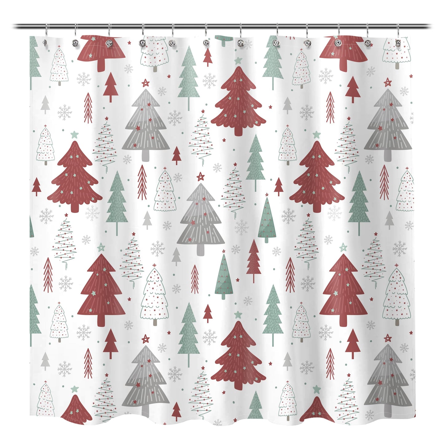 Sunlit Christmas Shower Curtain, Red and Gray Xmas Trees with Stars and Snow Pattern Shower Curtain for Bathroom Decor, 71x71 Inch
