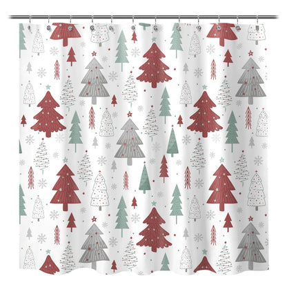 Sunlit Christmas Shower Curtain, Red and Gray Xmas Trees with Stars and Snow Pattern Shower Curtain for Bathroom Decor, 71x71 Inch