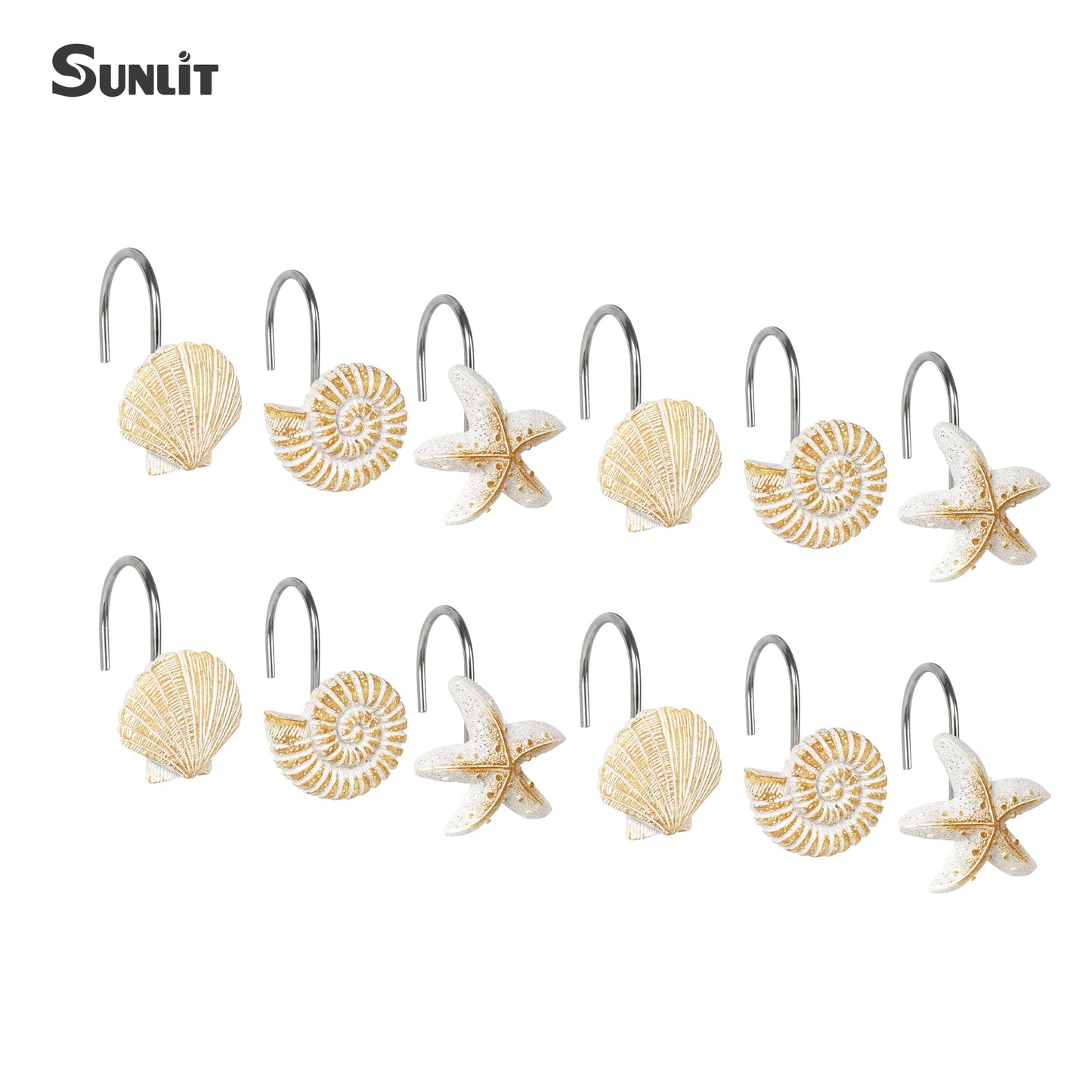 Sunlit Seashells Decorative Shower Curtain Hooks, Scallop Nautilus & Seahorse Shower Curtain Rings, Seashell Blush, Resin, Nautical Bathroom Decoration Beach Shower Curtain Hooks-12 Pack