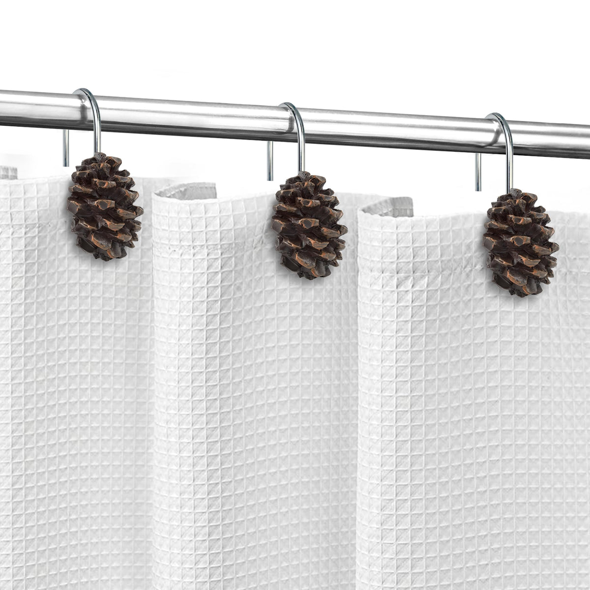 Sunlit Snowy Pinecone Shower Curtain Hooks Set of 12, Snow-Tipped Pine Cone Curtain Rings for Christmas Winter Bathroom Decor, Rustic Decorative Resin Bath Accessories