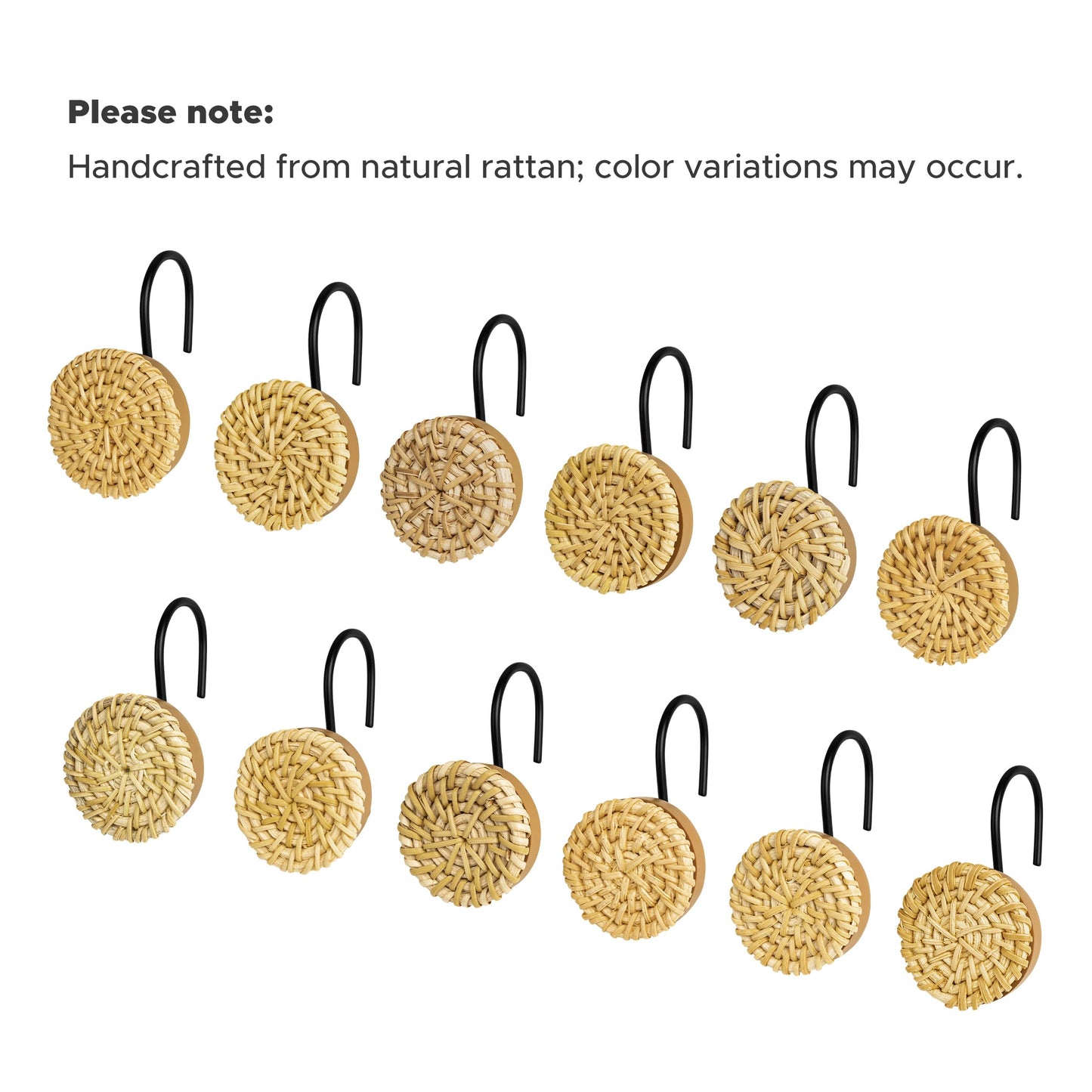 Sunlit Boho Decorative Shower Curtain Hooks, Woven Wicker Ratten Beige Shower Curtain Rings for Bathroom, Farmhouse Shower Curtain Hangers Bathroom Accessories, Set of 12