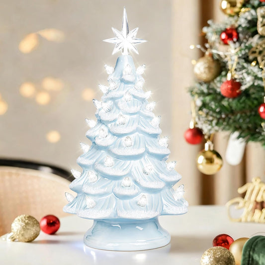 Sunlit Cordless Lighted Ceramic Christmas Tree Vintage Tabletop Christmas Decoration Pre-Lit Colorful Mini Light Bulbs 13" Traditional AA Battery Operated LED - White and Light Blue