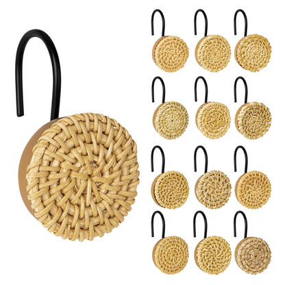 Sunlit Boho Decorative Shower Curtain Hooks, Woven Wicker Ratten Beige Shower Curtain Rings for Bathroom, Farmhouse Shower Curtain Hangers Bathroom Accessories, Set of 12