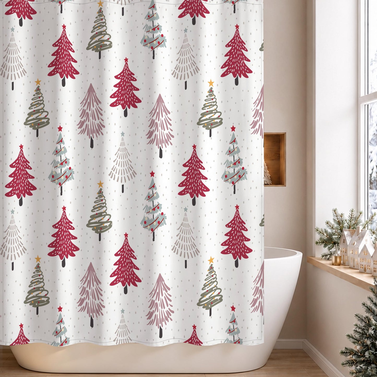 Sunlit Christmas Shower Curtain, Red and Gray Xmas Trees with Stars and Snow Pattern Shower Curtain for Bathroom Decor, 71x71 Inch
