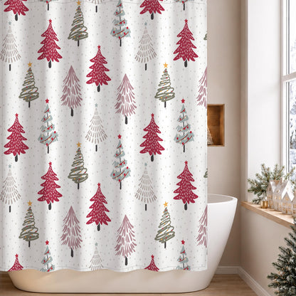 Sunlit Christmas Shower Curtain, Red and Gray Xmas Trees with Stars and Snow Pattern Shower Curtain for Bathroom Decor, 71x71 Inch