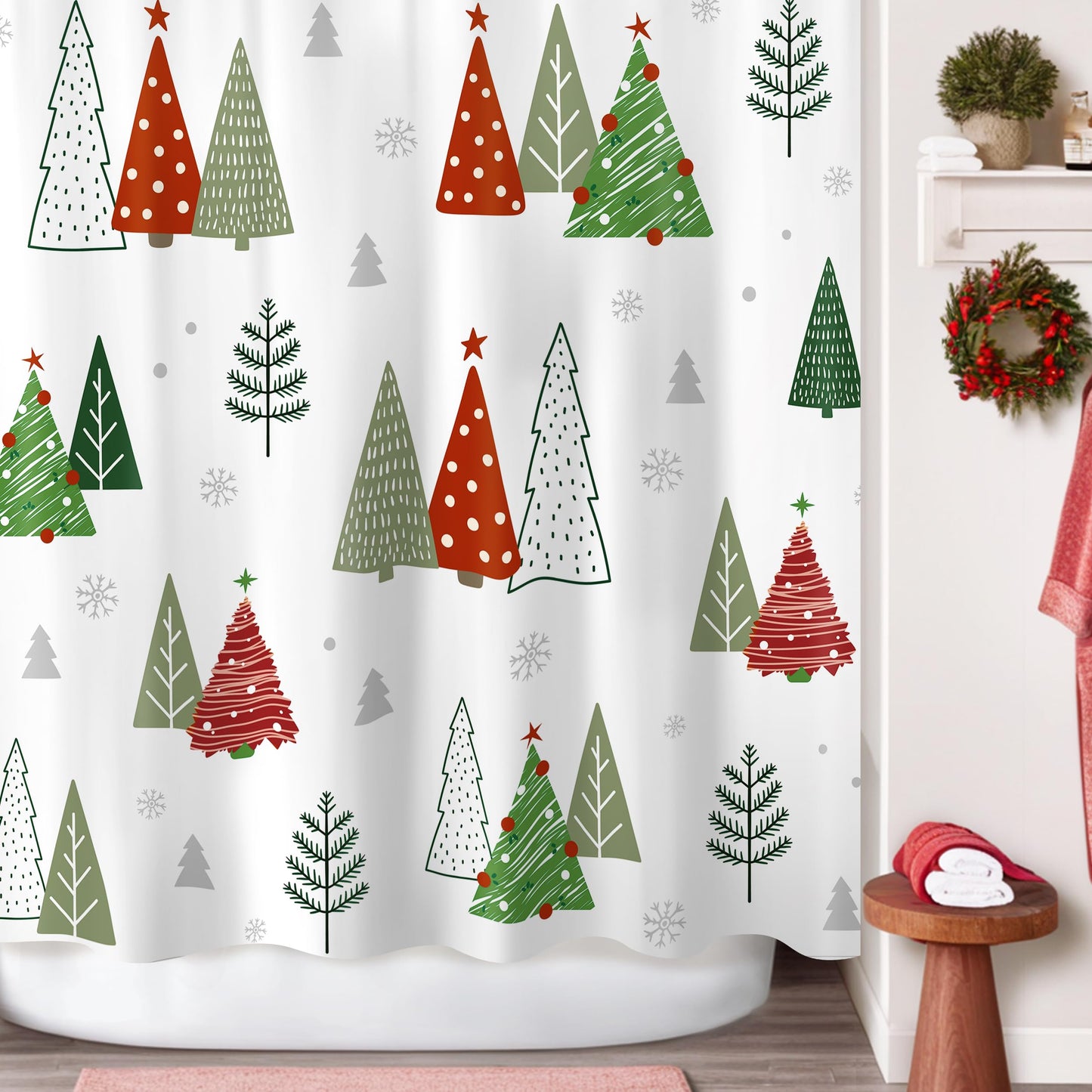 Sunlit Geometric Modern Design Christmas Shower Curtain Christmas Tree Bathroom Home Office Holiday Wall Decoration as Tapestry and Photo Booth Backdrop Red Green White Printed