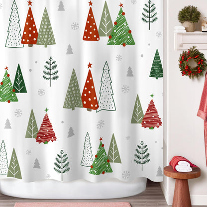 Sunlit Geometric Modern Design Christmas Shower Curtain Christmas Tree Bathroom Home Office Holiday Wall Decoration as Tapestry and Photo Booth Backdrop Red Green White Printed