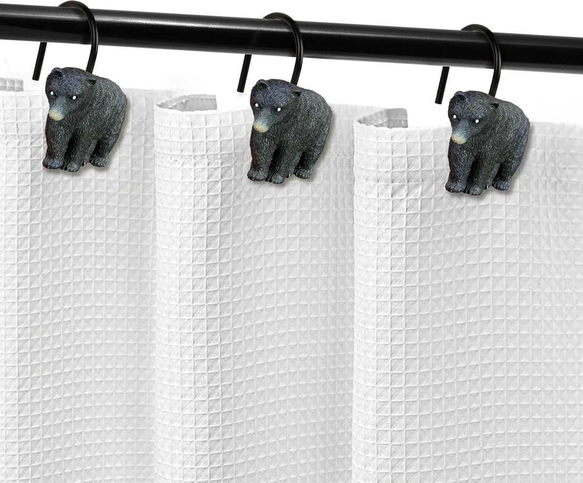 Sunlit Rustic Decorative Shower Curtain Hooks, Black Bear Shower Curtain Rings, Cabin Shower Curtain Hooks with Black Hooks, Resin, Farmhouse Bathroom Decoration, Set of 12