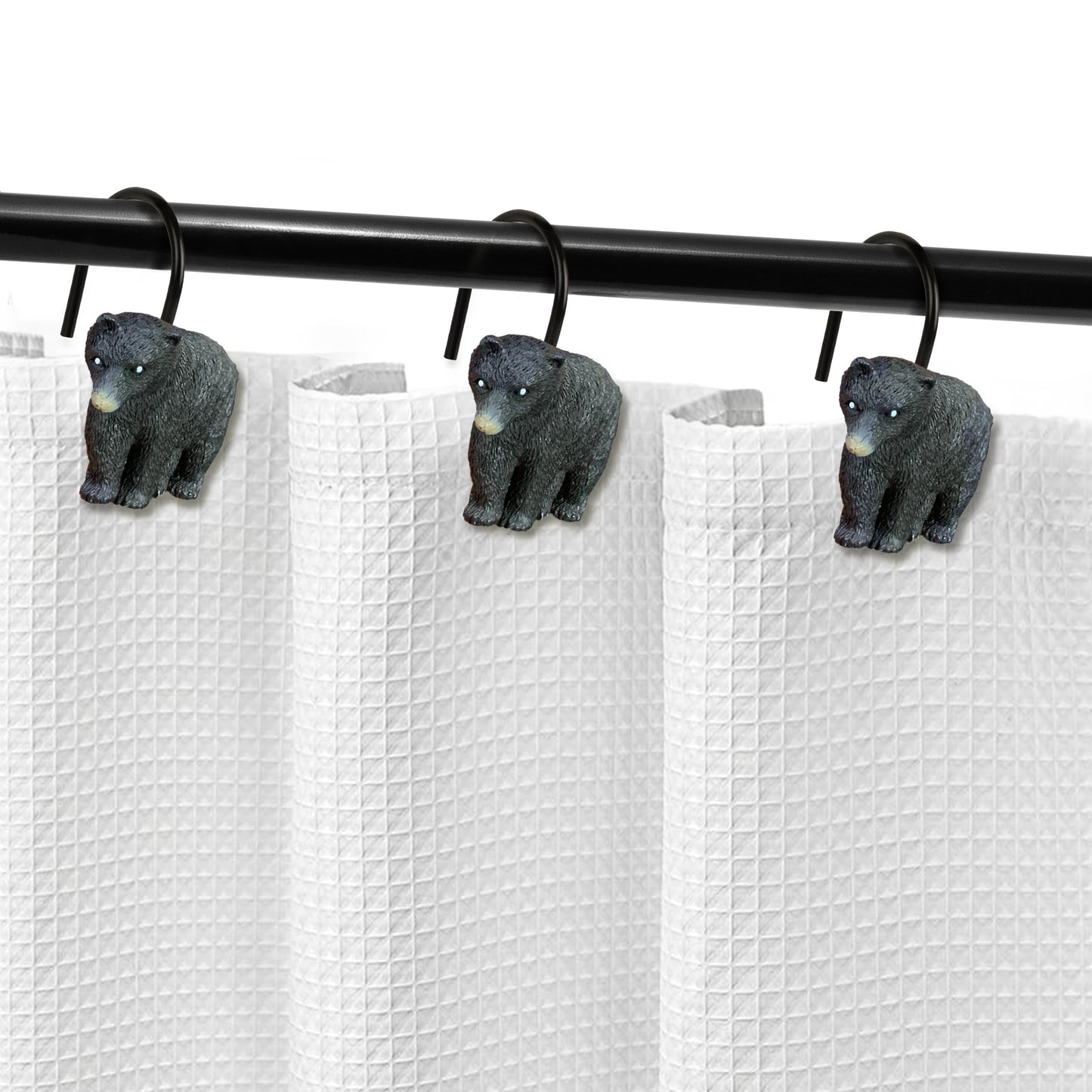 Sunlit Rustic Decorative Shower Curtain Hooks, Black Bear Shower Curtain Rings, Cabin Shower Curtain Hooks with Black Hooks, Resin, Farmhouse Bathroom Decoration, Set of 12