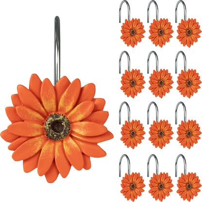 Sunlit Daisy Shower Curtain Hooks, Home Decorative Shower Curtain Rings for Bathroom, Resin, Floral Shower Curtain Hanger Hooks for Living Room, Set of 12, White and Golden