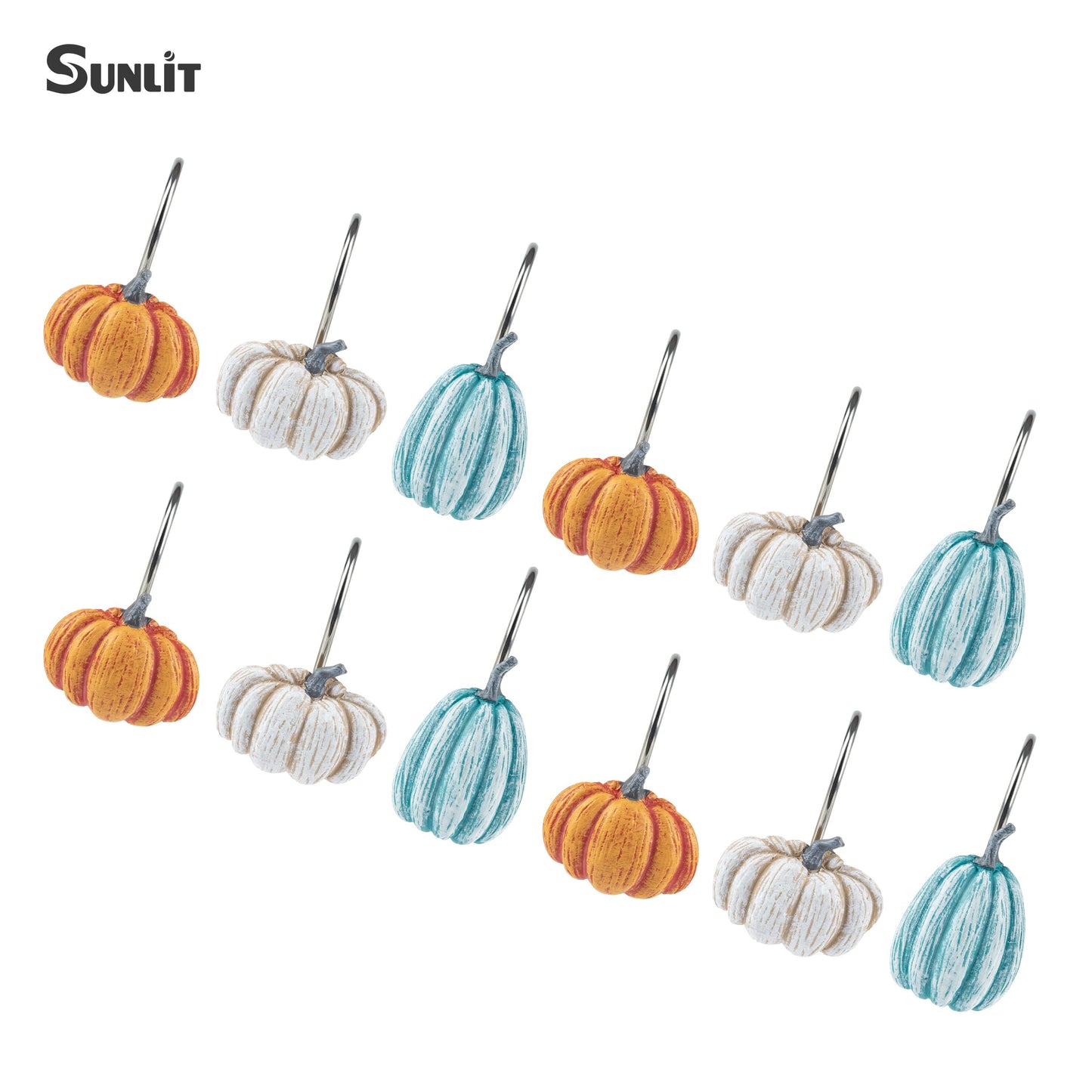 Sunlit Fall Pumpkin Decorative Shower Curtain Hooks, Autumn Harvest Festival Shower Curtain Rings, Resin, Orange Farmhouse Bathroom Curtain Hangers Decoration, Set of 12