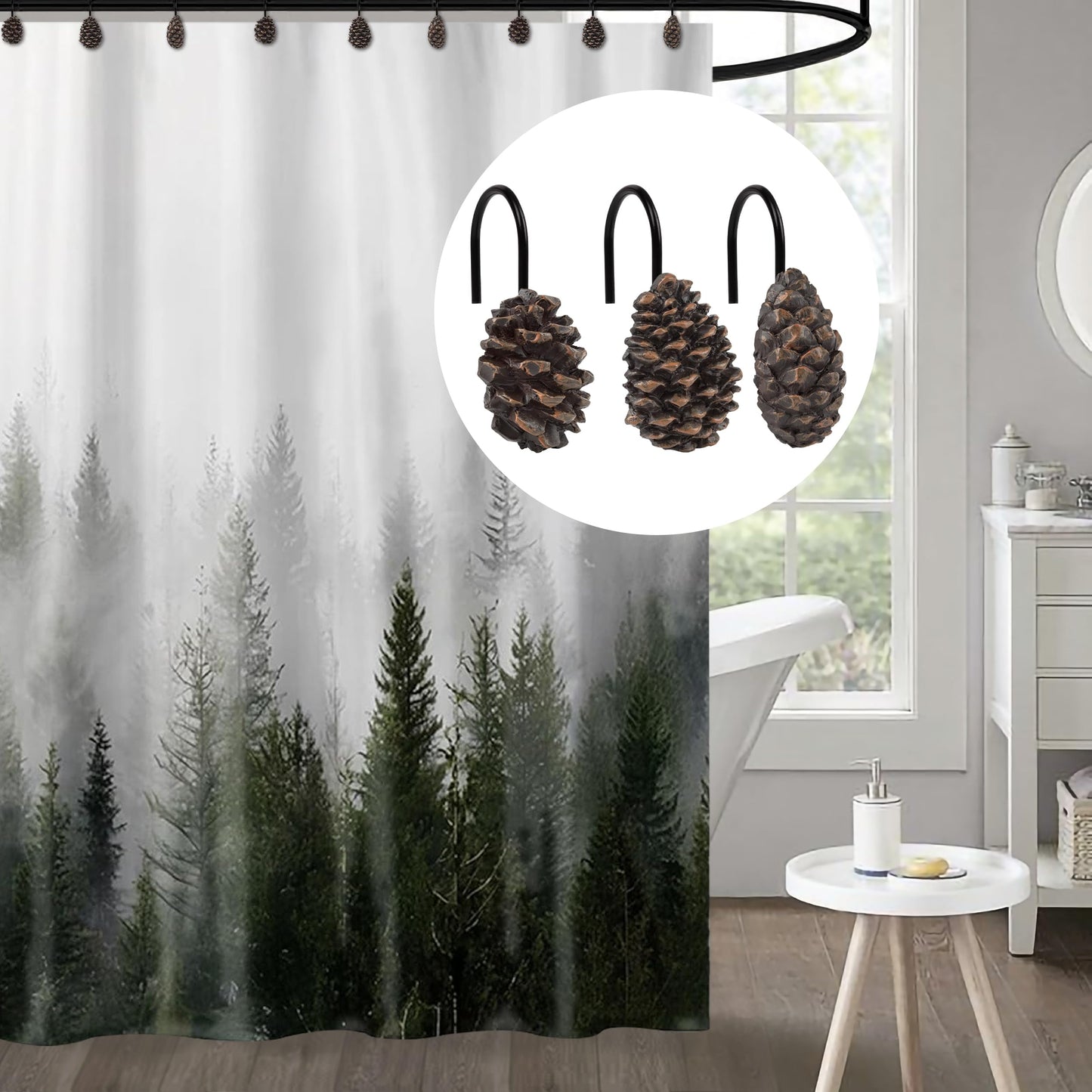 Sunlit Pinecone Decorative Shower Curtain Hooks, Brown Pine Cone Shower Curtain Rings, Resin, Winter Christmas Theme Bathroom Decoration, Set of 12