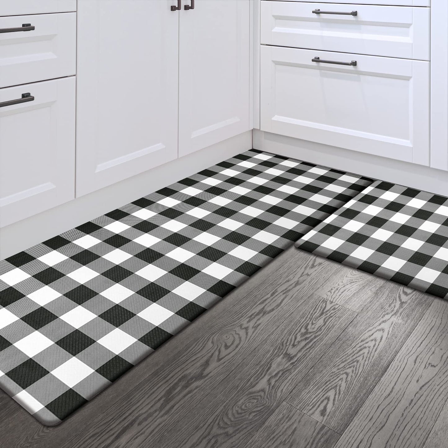 Sunlit Set of 2 Anti Fatigue Kitchen Floor Mat, Non Slip Waterproof Comfort Standing Mat, 0.4 Inch Thick Cushioned Farmhouse Kitchen Rug Runner, White Red Buffalo Check (17"x28"&17"x47")
