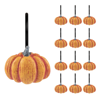 Sunlit Fall Pumpkin Decorative Shower Curtain Hooks, Autumn Harvest Festival Shower Curtain Rings, Resin, Orange Farmhouse Bathroom Curtain Hangers Decoration, Set of 12