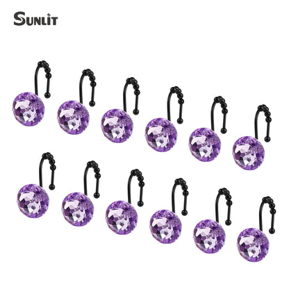 Sunlit Luxury Design Round Clear Diamond Crystal Gem Bling with Glide Balls Double Shower Curtain Hooks, Rust Proof Metal Rhinestones Glam Shower Curtain Rings-12 Pack