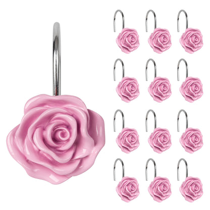 Sunlit Rose Shower Curtain Hooks, Home Decorative Flower Shower Curtain Rings for Bathroom, Resin, Pink Floral Shower Curtain Hanger Hooks for Living Room, Set of 12