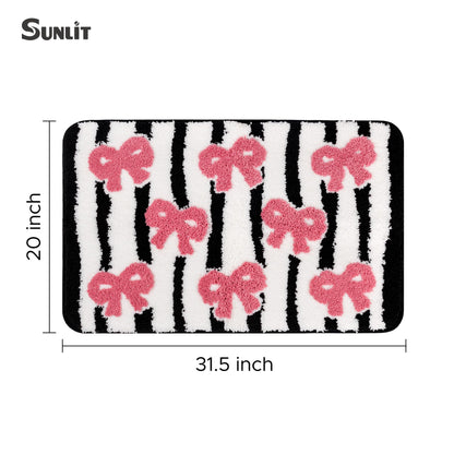 Sunlit Cute Bow Bathroom Rugs 32x20, Coquette Pink Bow Rug for Bedroom, Extra Soft Super Absorbent Bath Mat Quick Dry, Shaggy Bath Rug Non-Slip Washable Bathroom Floor Mat, Pink Stripe