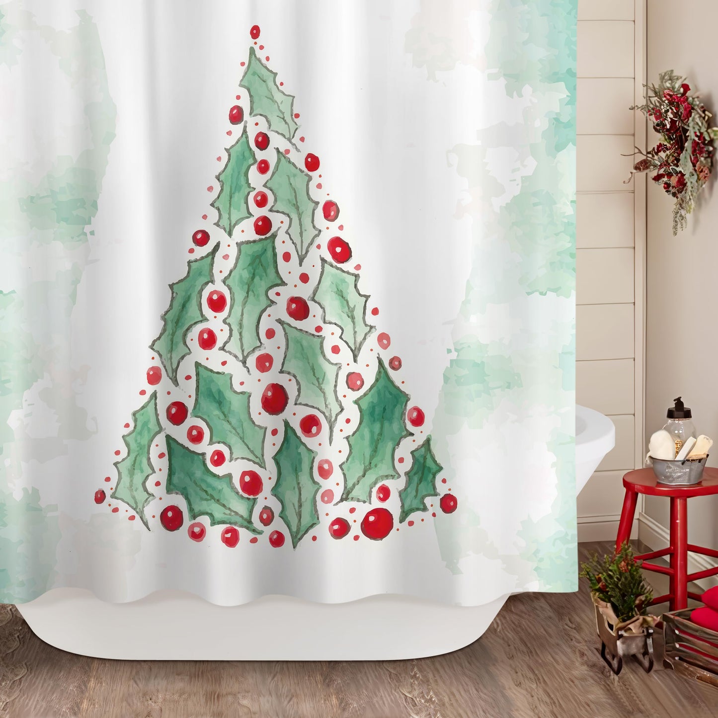 Sunlit Christmas Shower Curtain, Green Xmas Pine Tree with Red Star Ornament Holiday Floral Holly Berries Decorations Festive Bathroom Fabric Shower Curtain, Home Decor Tapestry, 72" x 72"