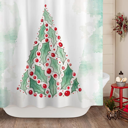 Sunlit Christmas Shower Curtain, Green Xmas Pine Tree with Red Star Ornament Holiday Floral Holly Berries Decorations Festive Bathroom Fabric Shower Curtain, Home Decor Tapestry, 72" x 72"