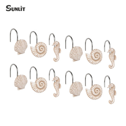 Sunlit Seashells Decorative Shower Curtain Hooks, Scallop Nautilus & Seahorse Shower Curtain Rings, Seashell Blush, Resin, Nautical Bathroom Decoration Beach Shower Curtain Hooks-12 Pack