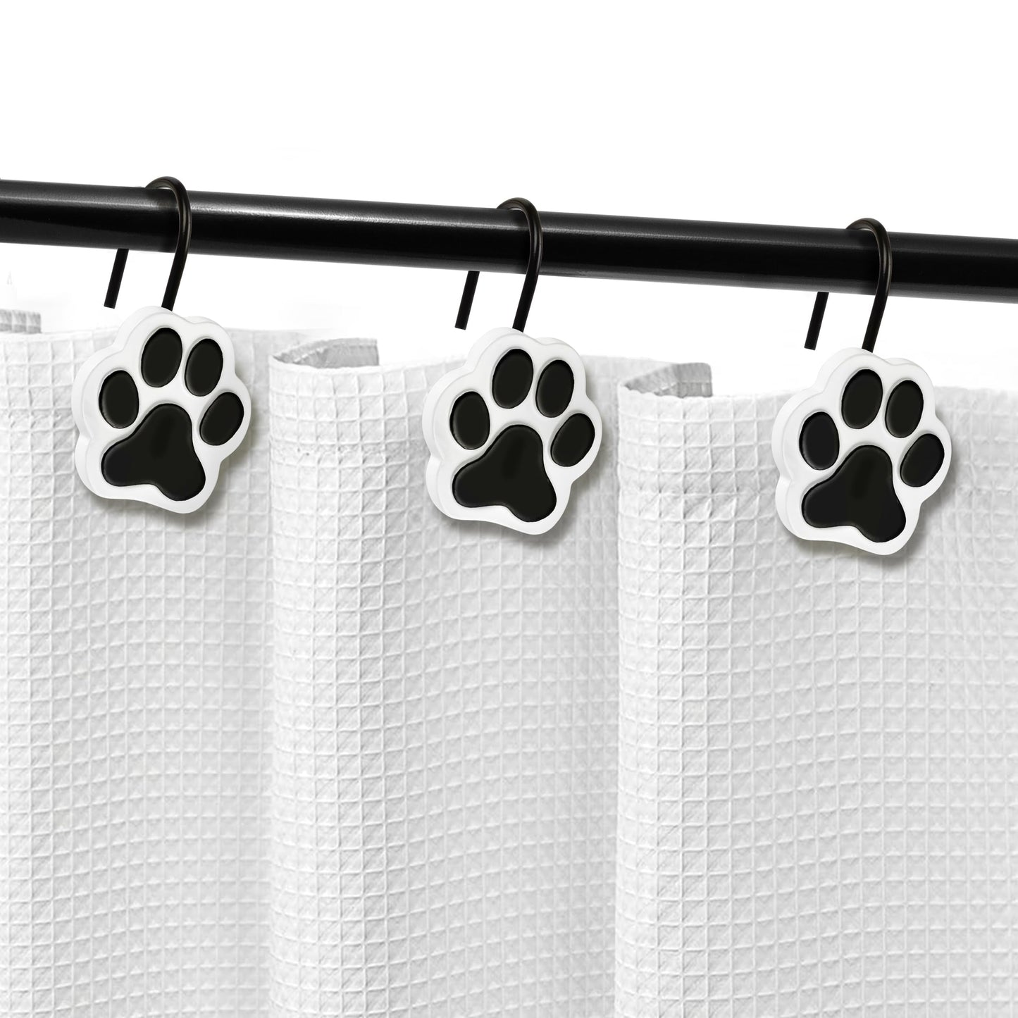 Sunlit Cute Paw Print Decorative Shower Curtain Hooks for Dog Cat Bear, Resin, Lovely Shower Curtain Rings for Kids, Bathroom Decoration Curtain, 12 Pack, Black and White