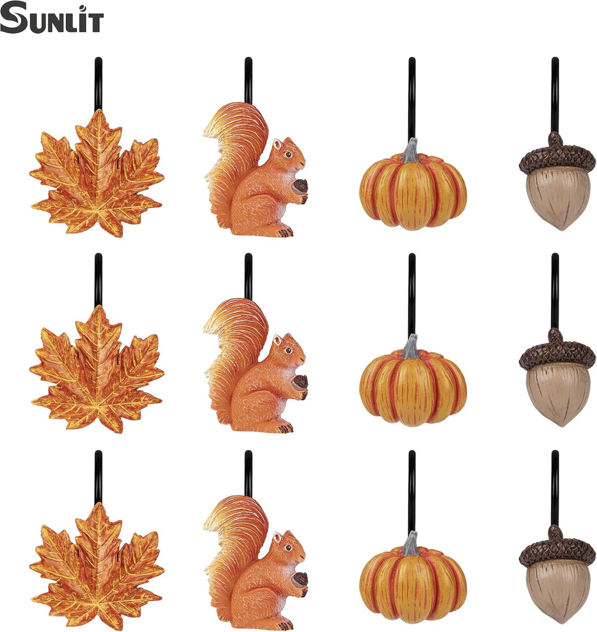Sunlit Fall Autumn Decorative Shower Curtain Hooks, Pumpkin Maple Leaf Squirrel Acorn Shower Curtain Rings with Black Hooks, Resin, Orange Leaves Cute Bathroom Curtain Hangers Decoration, Set of 12