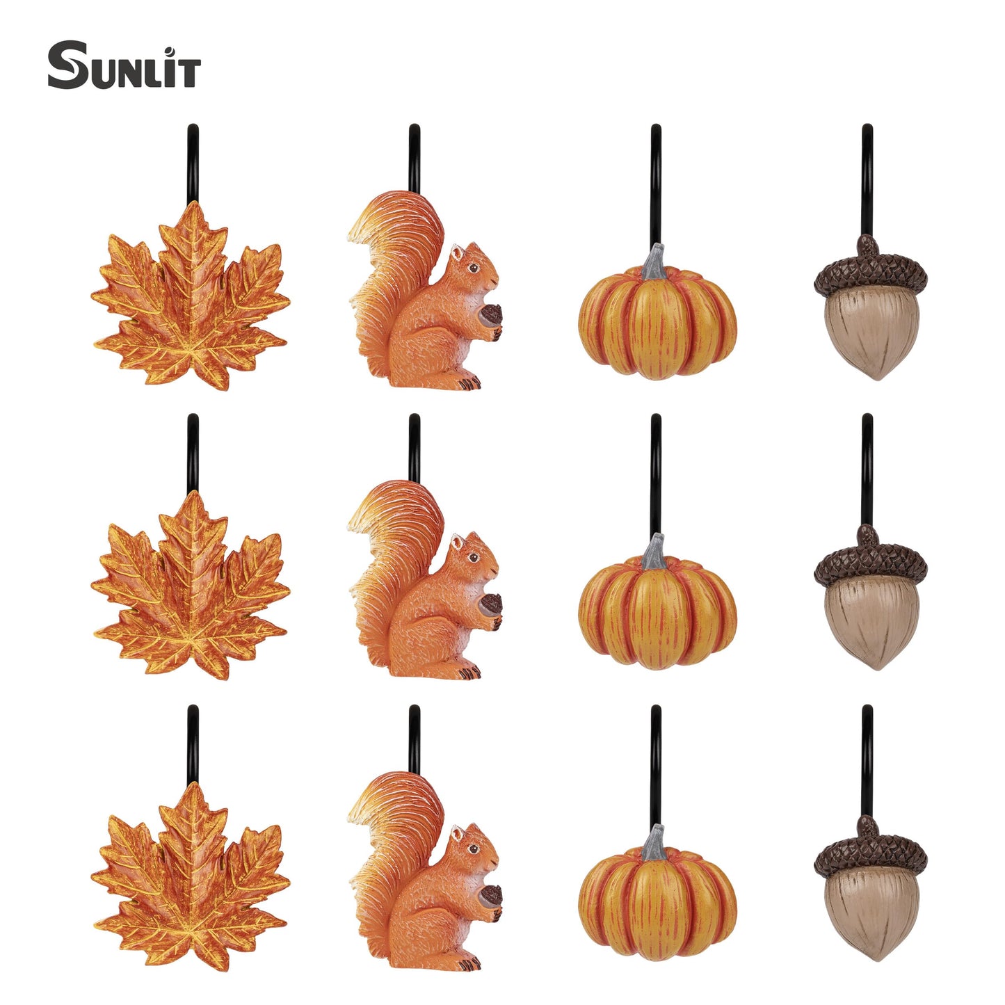 Sunlit Maple Leaf Shower Curtain Hooks for Fall Autumn, Home Decorative Shower Curtain Rings for Bathroom, Resin, Orange Red Maple Leaves Shower Curtain Hangers Hooks Bath Accessories, Set of 12