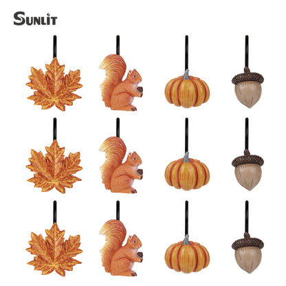 Sunlit Maple Leaf Shower Curtain Hooks for Fall Autumn, Home Decorative Shower Curtain Rings for Bathroom, Resin, Orange Red Maple Leaves Shower Curtain Hangers Hooks Bath Accessories, Set of 12