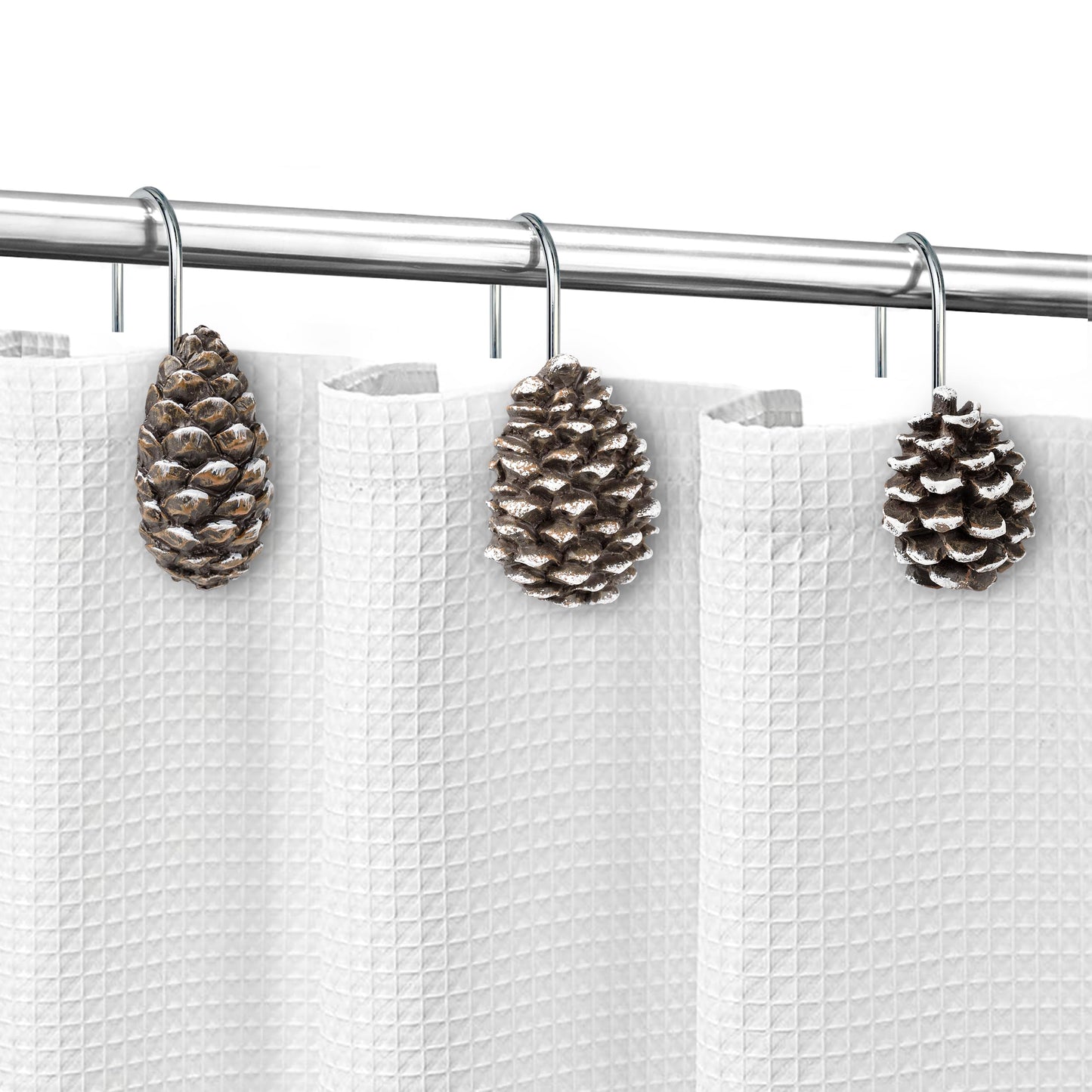 Sunlit Pinecone Decorative Shower Curtain Hooks, Brown Pine Cone Shower Curtain Rings, Resin, Winter Christmas Theme Bathroom Decoration, Set of 12