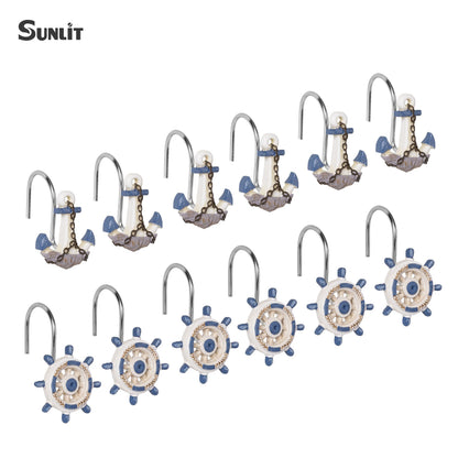 Sunlit Nautical Shower Curtain Hooks, Home Decorative Coastal Shower Curtain Rings for Bathroom, Resin, Ocean Shower Curtain Hanger Hooks for Living Room, Set of 12, Blue Lighthouse Sailboat