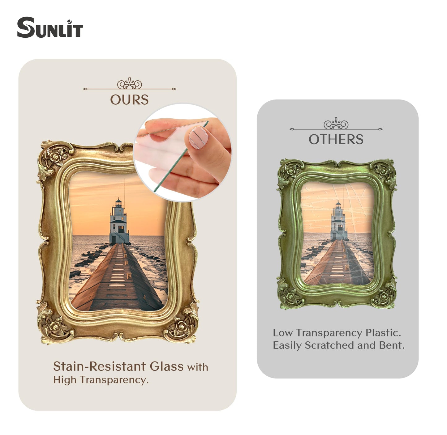 Sunlit Vintage Picture Frame 5x7 Inch Set of 2, Luxury Antique Photo Frames with Glass Front, Photo Display, Tabletop Wall Hanging, Gold