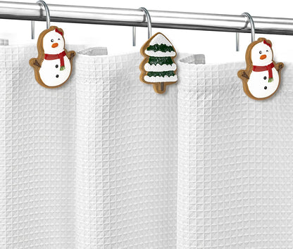 Sunlit Christmas Tree Snowman Decorative Shower Curtain Hooks, Green White Shower Curtain Rings, Resin, Xmas Theme Winter Holiday Bathroom Decoration, Set of 12
