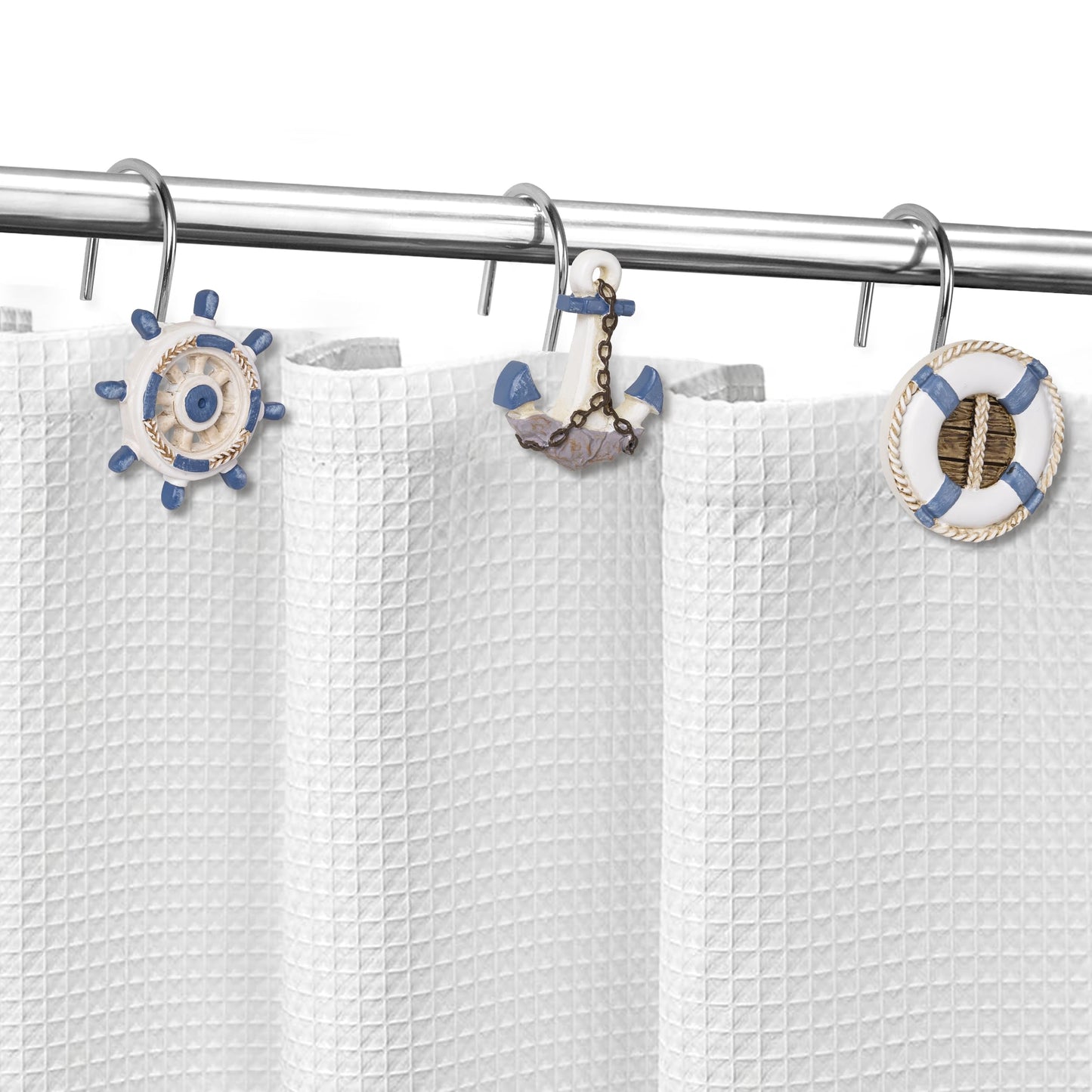 Sunlit Nautical Shower Curtain Hooks, Home Decorative Coastal Shower Curtain Rings for Bathroom, Resin, Ocean Shower Curtain Hanger Hooks for Living Room, Set of 12, Blue Lighthouse Sailboat