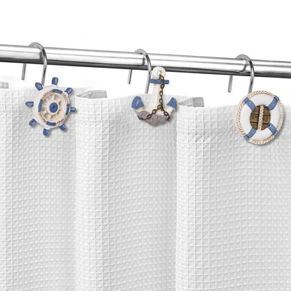 Sunlit Nautical Shower Curtain Hooks, Home Decorative Coastal Shower Curtain Rings for Bathroom, Resin, Ocean Shower Curtain Hanger Hooks for Living Room, Set of 12, Blue Lighthouse Sailboat
