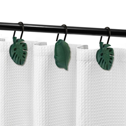Tropical Leaf Decorative Shower Curtain Hooks, Green Botanical Shower Curtain Rings with Black Hooks, Resin, Monstera Deliciosa Leaves Shower Curtain Hangers for Bathroom, Set of 12