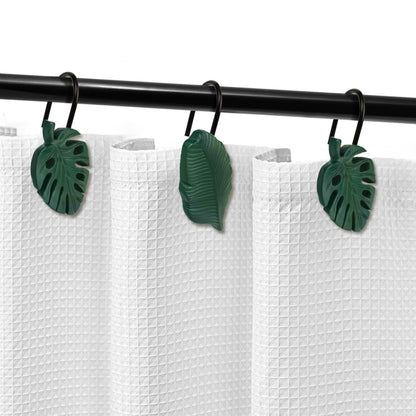 Tropical Leaf Decorative Shower Curtain Hooks Green Botanical Shower Curtain Rings, Resin, Monstera Deliciosa Leaves Shower Curtain Hangers for Bathroom, Set of 12