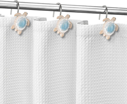 Sunlit Sea Turtle Shower Curtain Hooks with Pearl Accents, Nautical Home Decorative Shower Curtain Rings, Hand-Painted Resin, Cute Ocean Shower Curtain Hanger Hooks for Kids Bathroom, Set of 12