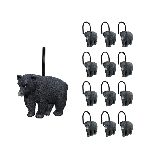 Sunlit Rustic Decorative Shower Curtain Hooks, Black Bear Shower Curtain Rings, Cabin Shower Curtain Hooks, Resin, Farmhouse Bathroom Decoration - 12 Pack