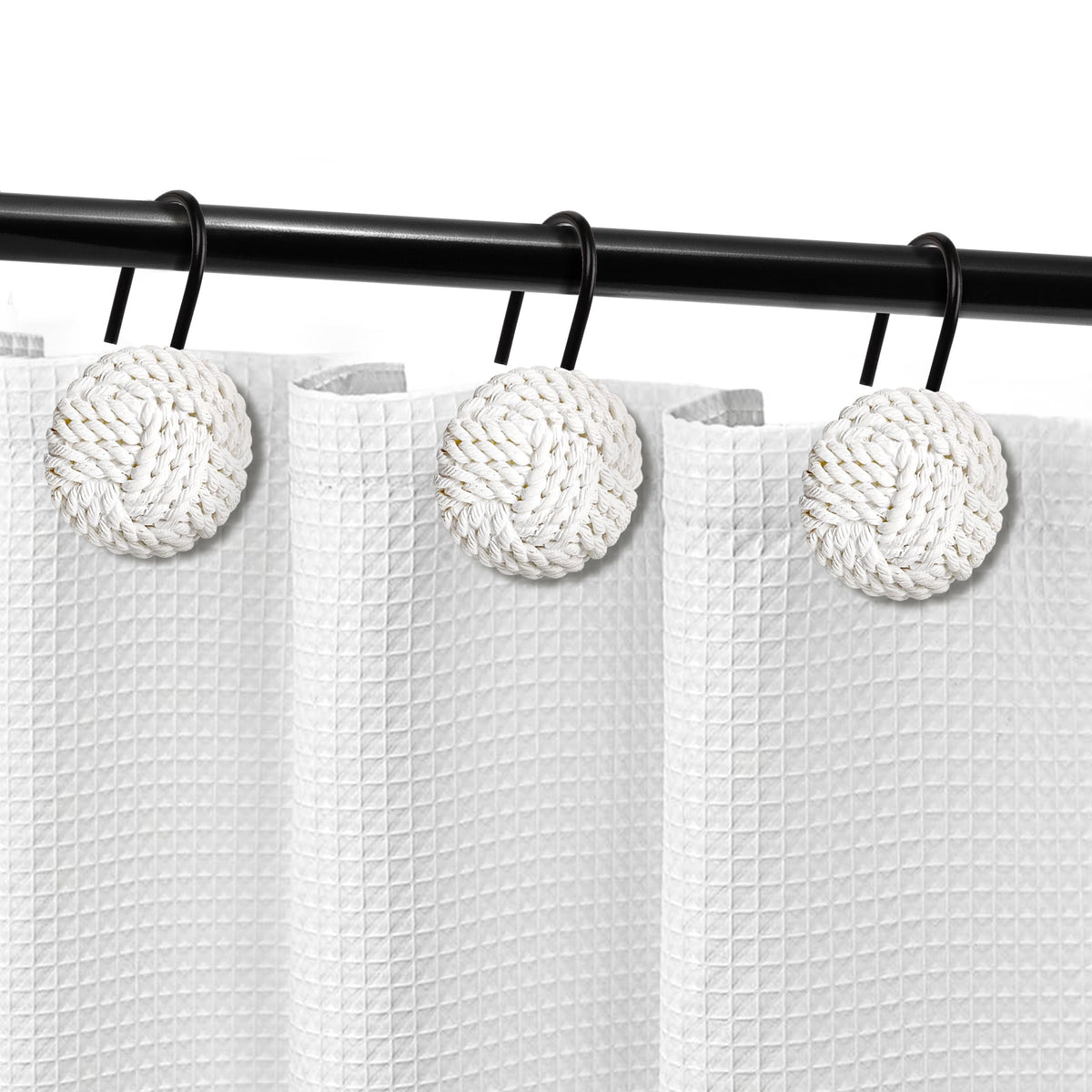 Sunlit Boho Knots Double Shower Curtain Hooks, Home Decorative White Shower Curtain Rings for Bathroom, Seaside Nautical Shower Curtain Hangers Bathroom Accessories, Set of 12