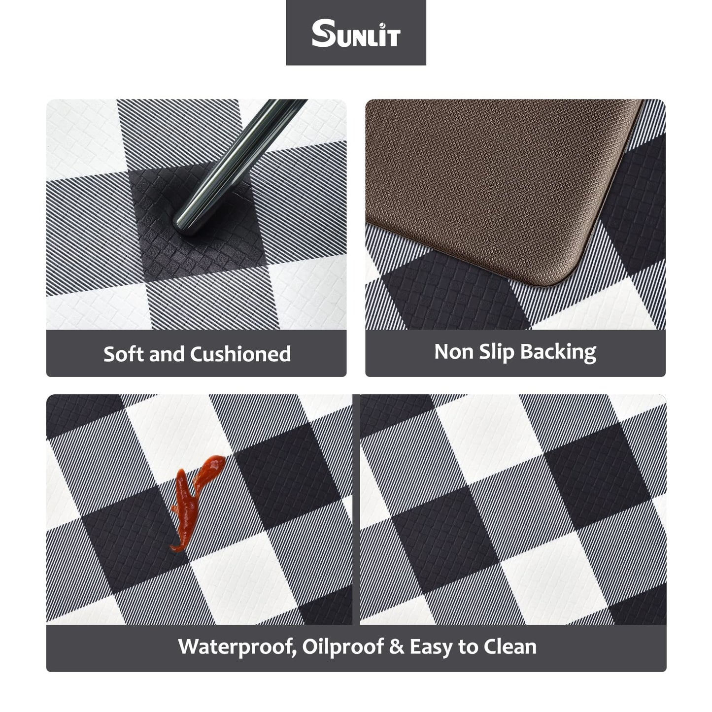 Sunlit Set of 2 Anti Fatigue Kitchen Floor Mat, Non Slip Waterproof Comfort Standing Mat, 0.4 Inch Thick Cushioned Farmhouse Kitchen Rug Runner, White Red Buffalo Check (17"x28"&17"x47")