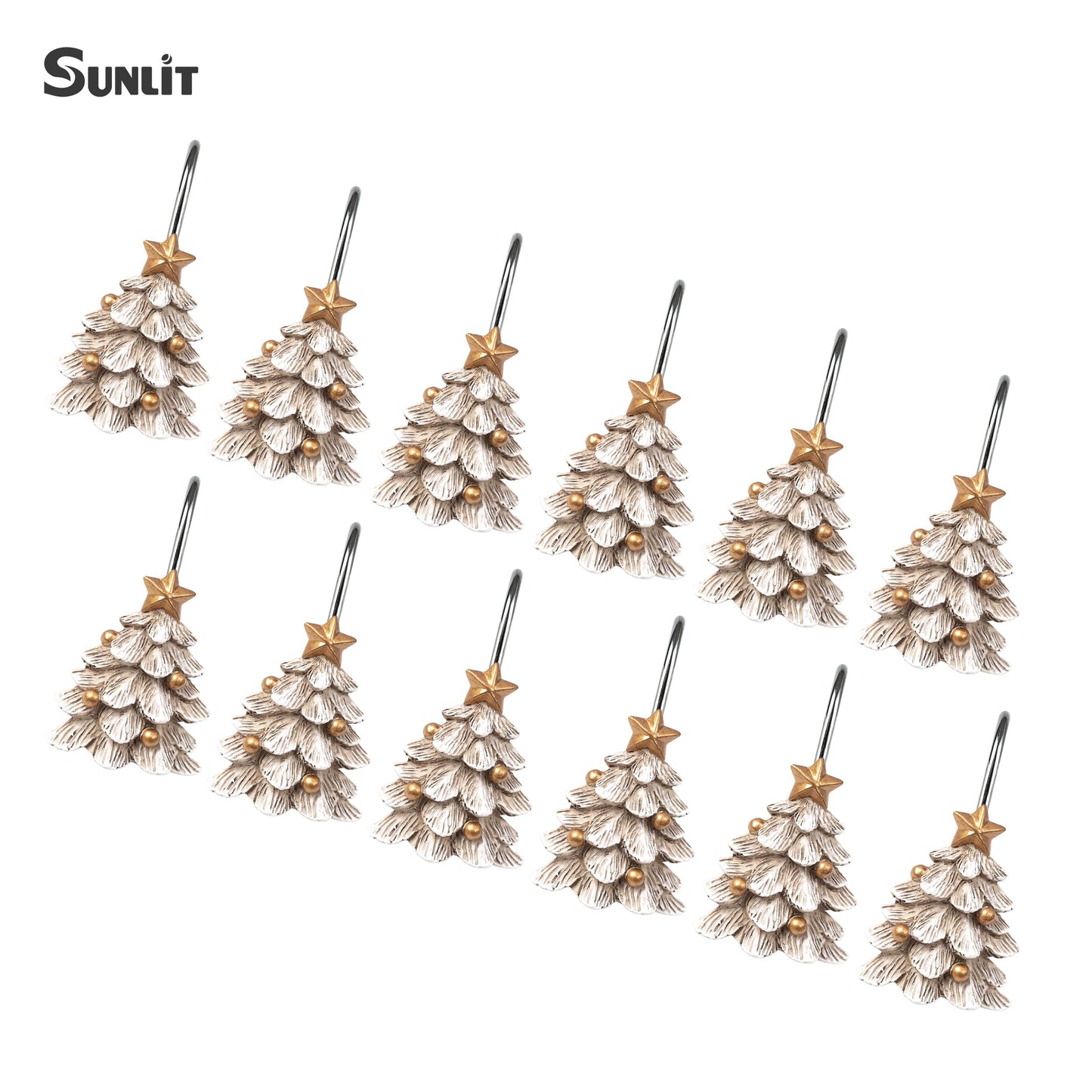 Sunlit Christmas Tree Decorative Shower Curtain Hooks with Star, Green Shower Curtain Rings, Resin, Xmas Theme Winter Holiday Bathroom Decoration, Set of 12
