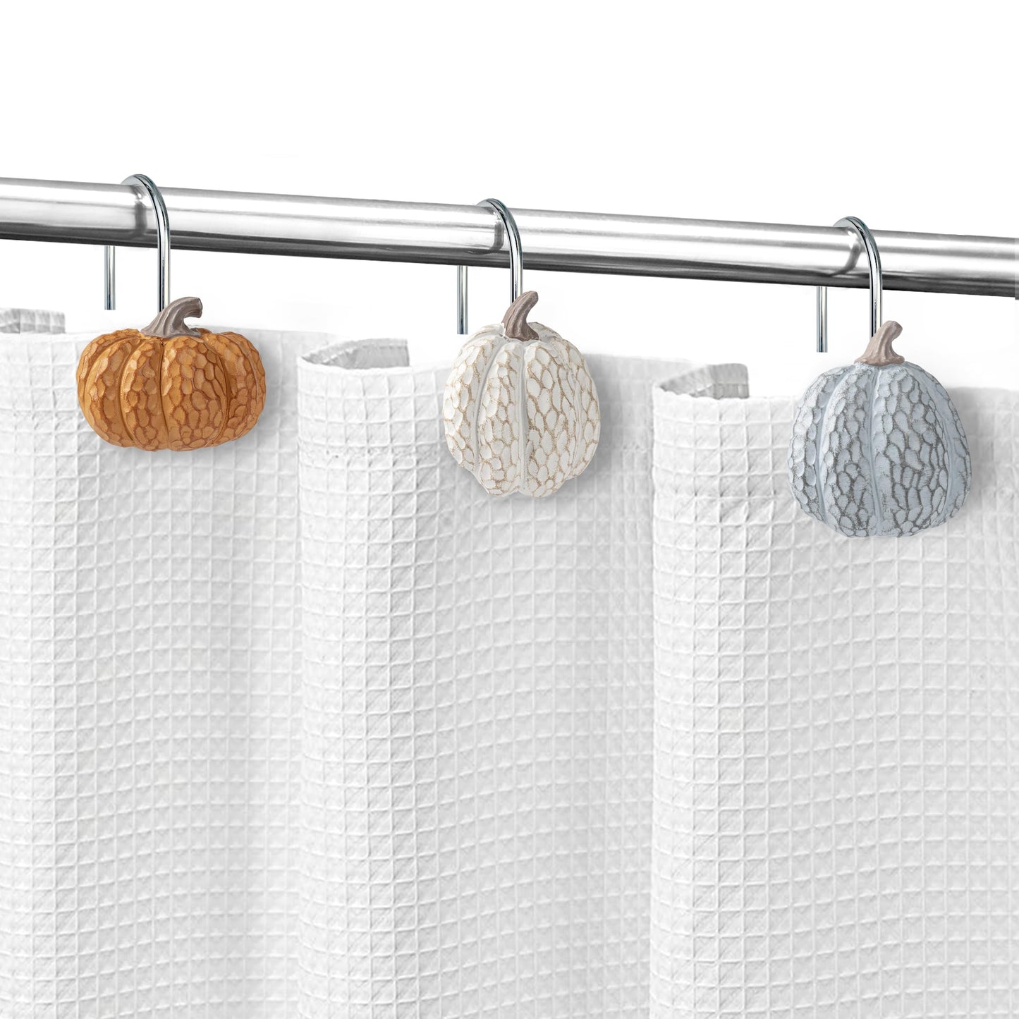 Sunlit Fall Pumpkin Decorative Shower Curtain Hooks, Autumn Harvest Festival Shower Curtain Rings, Resin, Orange Farmhouse Bathroom Curtain Hangers Decoration, Set of 12