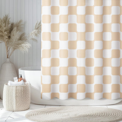 Sunlit Retro Checkered Faux Linen Fabric Shower Curtain, Beige Geometric Design with Organic Rounded Grid Pattern, Mid-Century Modern Bathroom Decor, 72" x 72"