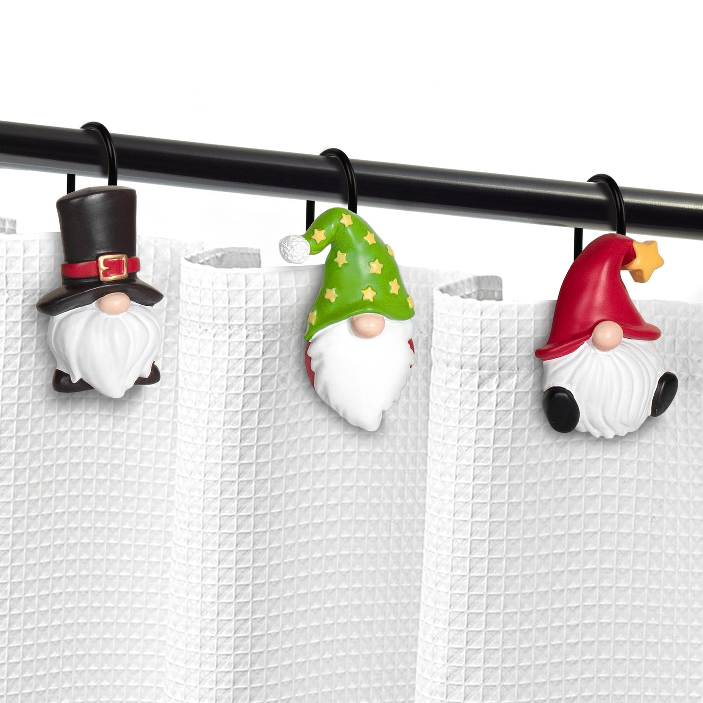 Sunlit Christmas Shower Curtain Hooks, Gnome Shower Curtain Rings, Hand Painted Resin Christmas Decor, Winter Bathroom Decoration, Red Hat with White Polka Dot, Set of 12
