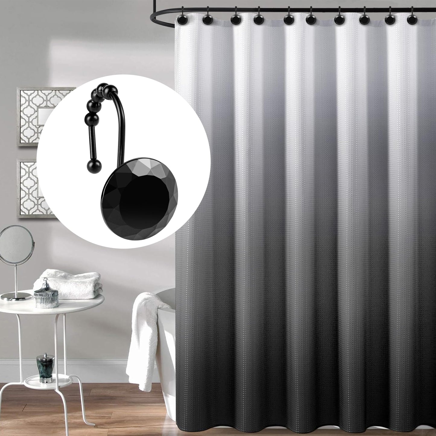 Sunlit Luxury Design Round Yellow Diamond Crystal Gem Bling with Glide Balls Shower Curtain Hooks, Rust Proof Metal Rhinestones Glam Shower Curtain Rings-12 Pack