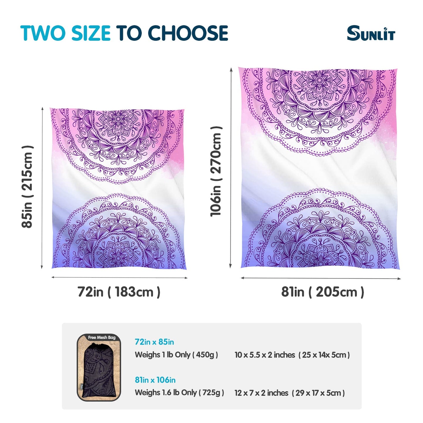 Sunlit Silky Soft Sand Proof Beach Blanket 106"x81" / 85"x72" Sand Proof Mat with Corner Pockets and Mesh Bag for Beach Party, Travel, Camping and Outdoor Music Festival, Mandala