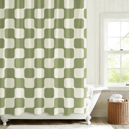 Sunlit Retro Checkered Faux Linen Fabric Shower Curtain, Beige Geometric Design with Organic Rounded Grid Pattern, Mid-Century Modern Bathroom Decor, 72" x 72"
