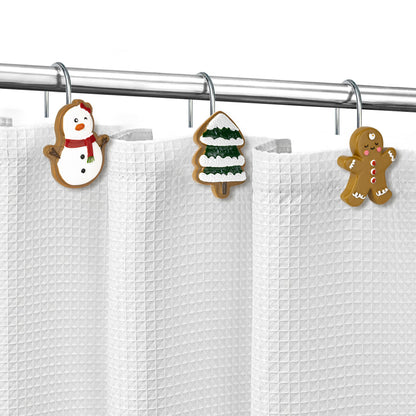 Sunlit Christmas Tree Snowman Decorative Shower Curtain Hooks, Green White Shower Curtain Rings, Resin, Xmas Theme Winter Holiday Bathroom Decoration, Set of 12